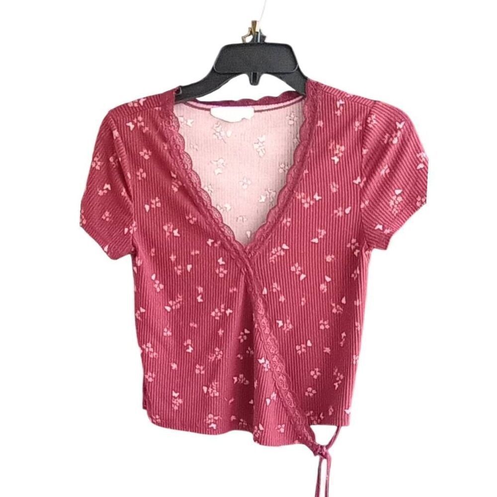Pink rose,burgundy floral, mock wrap short blouse